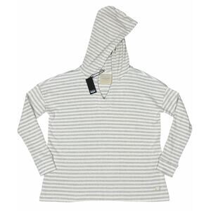 Straight Down Hooded Top White Grey Striped Women’s Large Cozy Layering Pullover